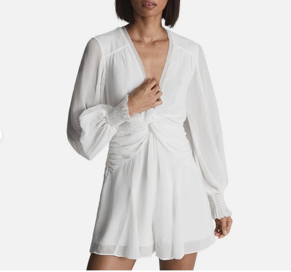 REISS Ellie Long Sleeve Open Back Romper in White US Size 2